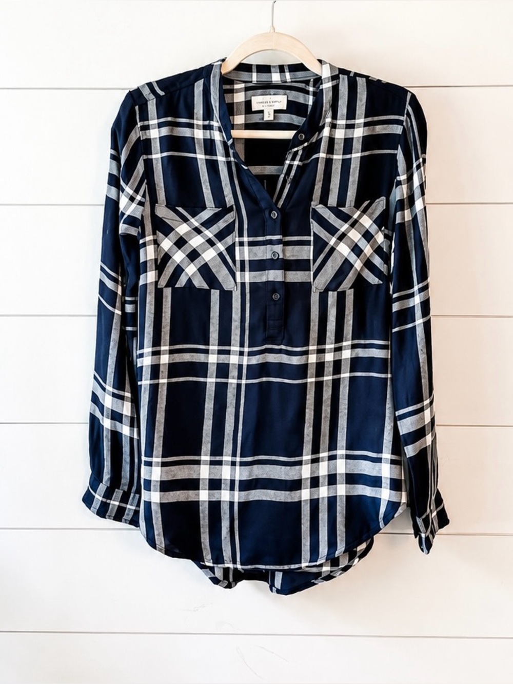 Lucky Brand Plaid Button Front Blouse Top Black & White Long Sleeve